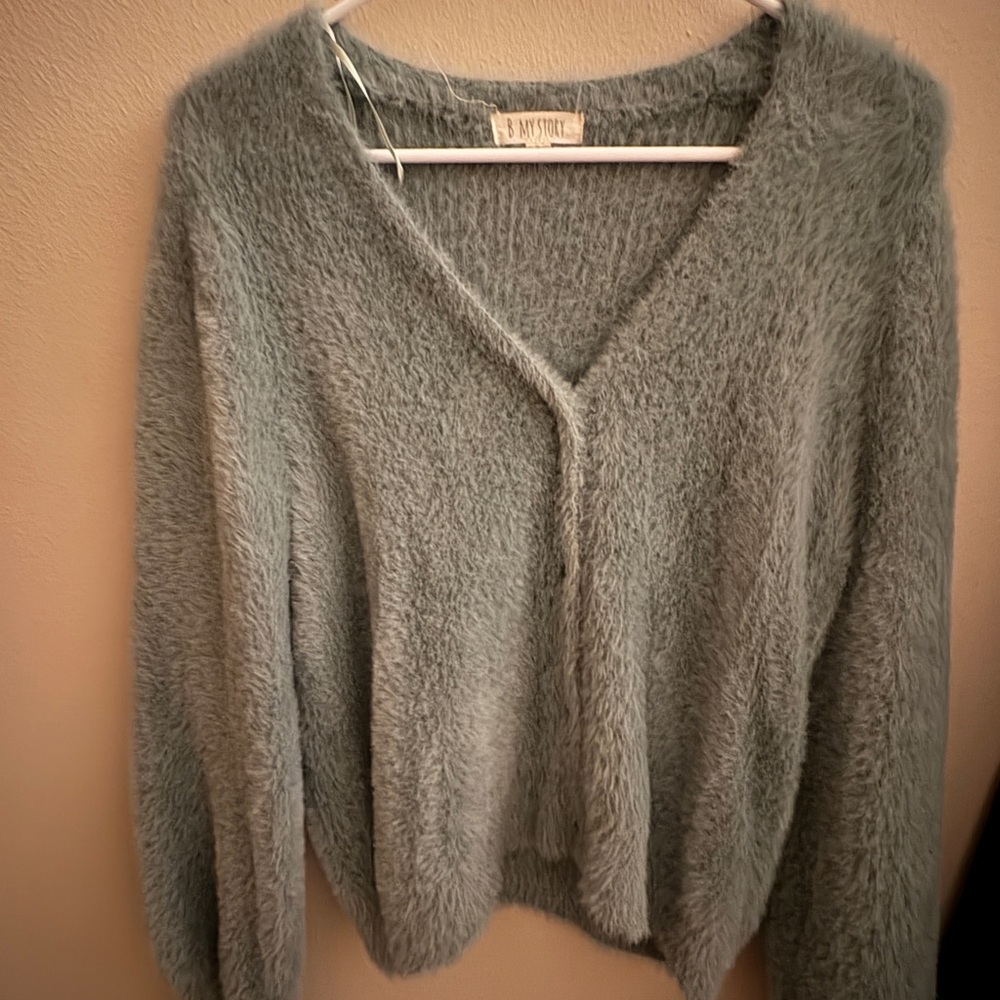 My Michelle Fuzzy Gray V-Neck Sweater